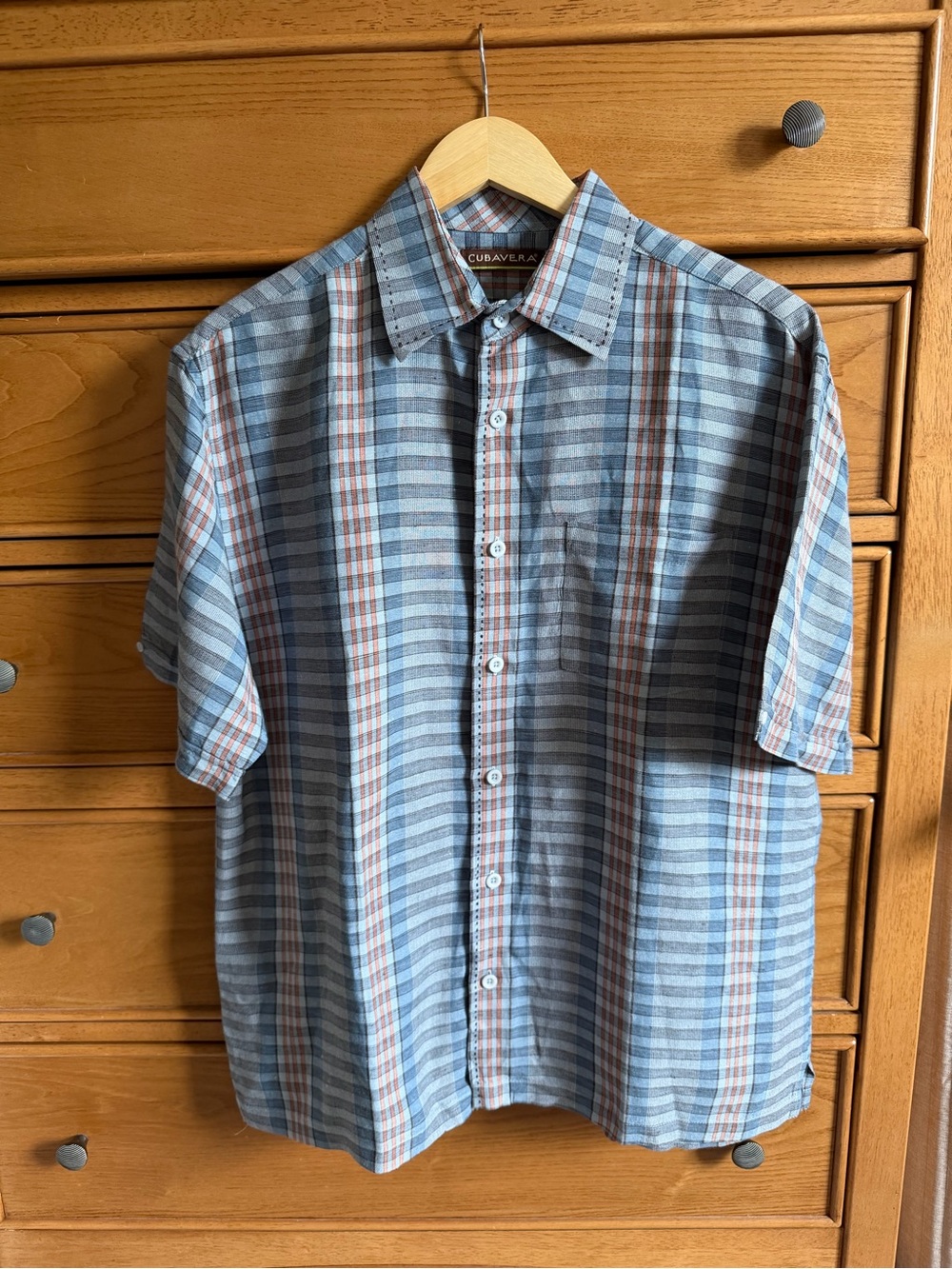 Cubavera Copen Blue Plaid Linen Blend Shirt Mens Size Large Vacation Resort